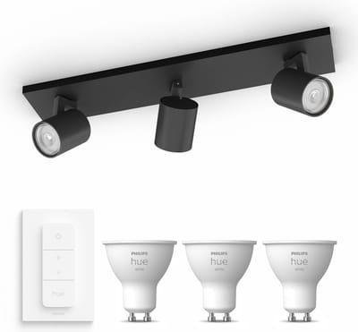Philips Hue Runner Opbouwspot (Zwart) - Warmwit Licht - Incl. Hue Dimmer Switch - Plafondspot met 3 Lichtpunten - GU10 - Hue White
