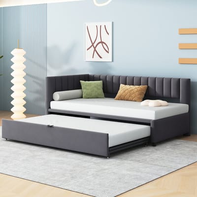 Multifunctionele L-vormige slaapbank - met uitbreidbaar bed van 90x200cm 180x200cm - kinderbed - Donkergrijs - zonder matras