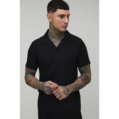 Tall Linen Blend Slim Revere Polo T-Shirt | Black | Size Medium