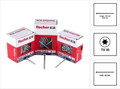 Fischer 50x Power-Fast II FPF II CTP 6 x 120 mm BC enkkopf met binnenzeskant TX30 deel draad gegalvaniseerd blauw gepassiveerd - 670690