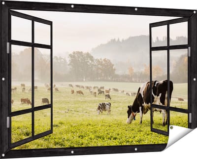 Gards Tuinposter Doorkijk Zwart Witte Koeien in de Wei - 150x100 cm - Tuindoek - Tuindecoratie - Wanddecoratie buiten - Tuinschilderij