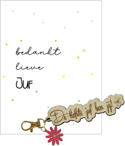 Sleutelhanger en kaartje JUF | fuchsia | stippen | jij bent de liefste | liefste juf | topjuf | einde schooljaar | cadeau