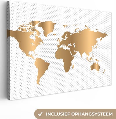 Canvas schilderij 120x80 cm - Wanddecoratie Wereldkaart - Goud - Stippen - Kinderen - Jongens - Meiden - Muurdecoratie woonkamer - Kamer decoratie accessoires - Schilderijen