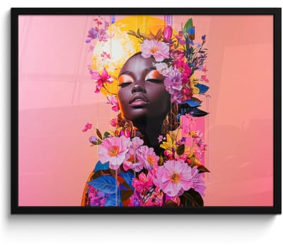 Poster in lijst - Fotolijst 80x60 cm - Posters - Kleurrijk - Bloemen - Vrouw - Zon - Posterlijst zwart - Decoratie - Wanddecoratie woonkamer - Muurdecoratie slaapkamer