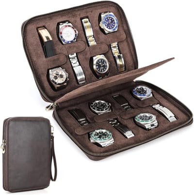 Heren Horloge Organizer van Echt Leer, Minimalistische Vintage Uurwerk Display en Handtas met Rits, Bruin - 8 Slots voor Stijlvolle Bewaring