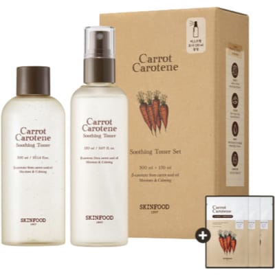Skinfood Wortel Caroteen Verzachtende Hydraterende Toner Set 300ml + 150ml[Bevat 3 Wortel Bladmaskers] beige