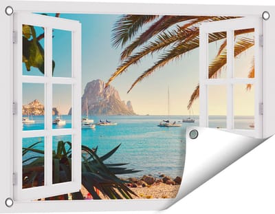 Gards Tuinposter Doorkijk Ibiza Cala d'Hort Strand - 60x40 cm - Tuindoek - Tuindecoratie - Wanddecoratie buiten - Tuinschilderij