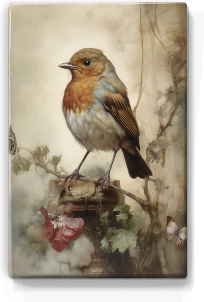 Roodborstje - Laqueprint - 19,5 x 30 cm - Niet van echt te onderscheiden handgelakt schilderijtje op hout - Mooier dan een print op canvas.