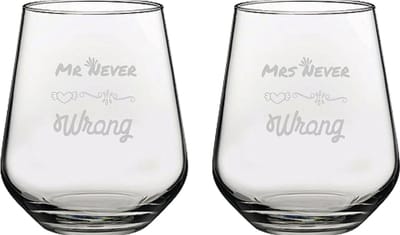 Gegraveerde set drinkglazen 42,5cl Mr. Never wrong - Mrs. Never wrong