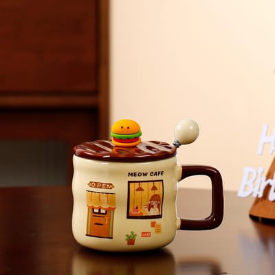 Leuke Burger Keramische Kop met Deksel Lepel Creatieve Mok Huishouden Stel Waterkop Koffiekop Souvenir Cadeau Kop 380ML