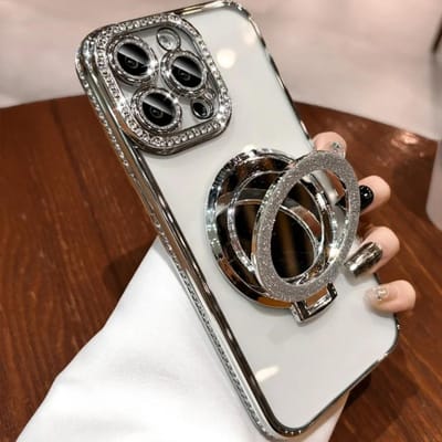 Hoge Kwaliteit Spiegel Stand Glanzende Strass Telefoonhoesje Voor iPhone 15 14 11 12 13 16 Pro Max 15 Plus Magnetische Heldere Beschermhoes For iPhone 16 Plus gray