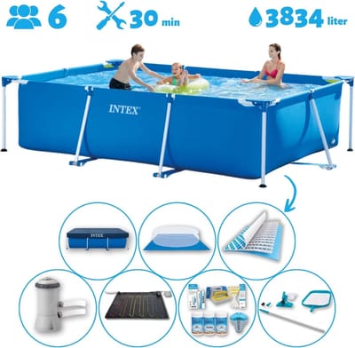 Intex Rechthoekig Opzetzwembad - 300 x 200 x 75 cm - Blauw - Inclusief Pomp - Solar Mat - Onderhoudspakket - Grondzeil - Afdekzeil - Schoonmaaktset