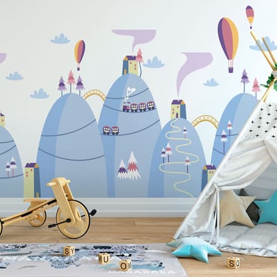 Scandinavische bergstickers met heteluchtballonnen in het dal, 110 x 165 cm
