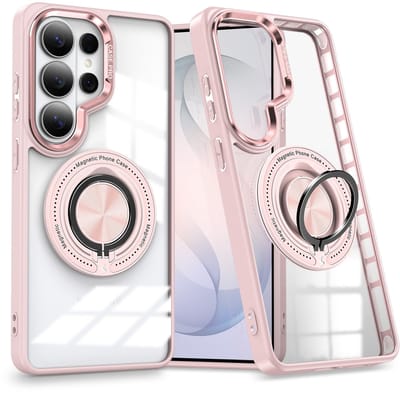 Magsafe Hoesje Geschikt voor Samsung Galaxy S26 Ultra hoesje Transparant Rose Goud - Met kickstand Draaibare Ring Houder
