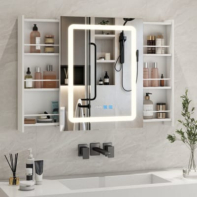 Puluomis - Badkamerspiegelkast met LED-verlichting - Medicijnkastje - 55-103x70 cm - Uittrekbare planken - Anticondens - Badkamerkast - Wit