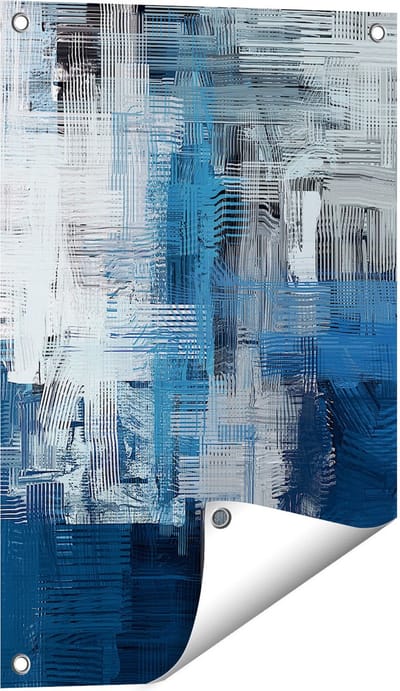 Gards Tuinposter Abstracte Kunst - Blauw Witte Penseelstreken - 40x60 cm - Tuindoek - Tuindecoratie - Wanddecoratie buiten - Tuinschilderij