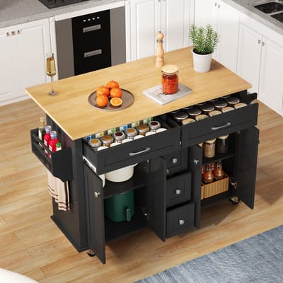 MODENUIT Keukeneiland - Uitklapbaar Werkblad Met Laden En Kasten - Voor Keuken En Eetkamer - MDF - Zwart Naturel