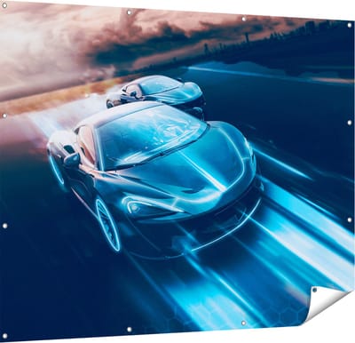 Gards Tuinposter Twee Raceauto's - Abstract - 150x120 cm - Tuindoek - Tuindecoratie - Wanddecoratie buiten - Tuinschilderij