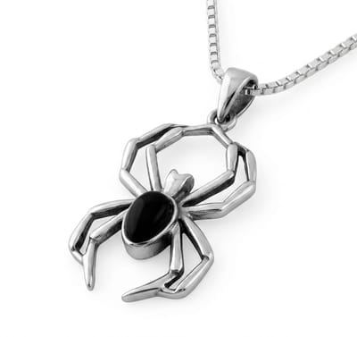 Zilverkleurige ketting met spin voor heren en dames hanger en zwarte steen – schakelketting