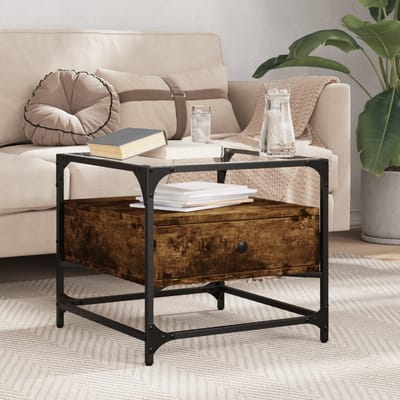 vidaXL - Salontafel - met - glazen - blad - 50x50x45 - cm - gerookt - eiken - staal