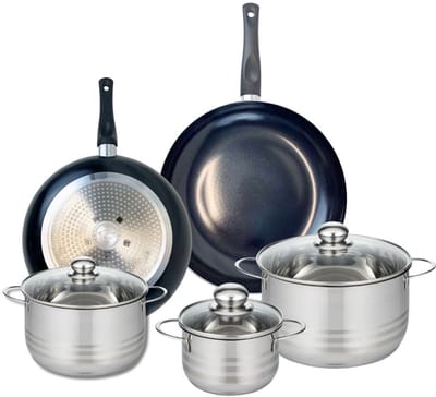 Set van 2 Koekenpannen 28 en 32 cm en 3 kookpotten 14, 20 en 24 cm Elo Prima Glanzend