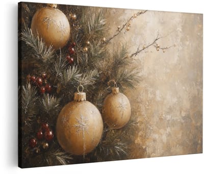 Artaza Canvas Schilderij Gouden Kerstballen Met Dennentakken - Kerst - 30x20 cm - Klein - Wanddecoratie Woonkamer - Schilderijen - Muurdecoratie