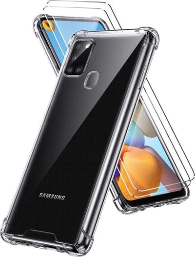 HB Hoesje Geschikt voor Samsung Galaxy A21S - Transparant - Anti Shock Hybrid Back Cover + 2X Glazen Screenprotector