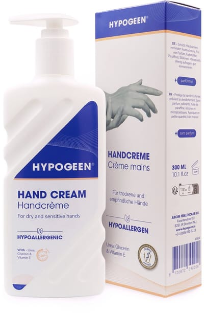 Hypogeen Handcrème - Voor droge handen en gevoelige huid - Snel absorberend, hydraterend en voedend - Beschermt tegen uitdroging, psoriasis en eczeem - Vrij van parfum en kleurstoffen - Met squalaan & melkzuur - Hypoallergeen, pH-neutraal - 300 ml