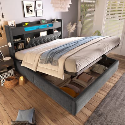 VVBV Gestoffeerd Opbergbed 140x200 cm - LED-Verlichting, USB-C Laadstation, Lades, Opbergruimte - Linnen Grijs Zonder Matras