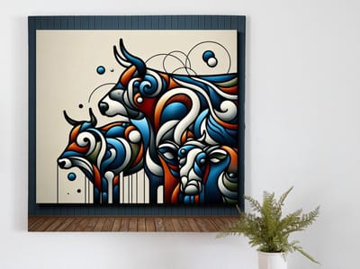 Modern koeien schilderij | Kleurrijke boerderijtaferelen: hedendaagse interpretatie van traditionele koeienkunst | Kunst - 100x100 centimeter op Forex | Foto op Forex