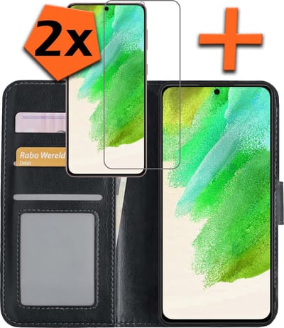 Hoes - Met 2x Screenprotector - Geschikt voor Samsung Galaxy S21 FE - Luxe Pasjeshouder - Bookcase Portemonee - Flip Case - Kunstleer Book Case - Flipcase Hoes - Book Cover - Walletcase - PortemonneeHoes - Zwart