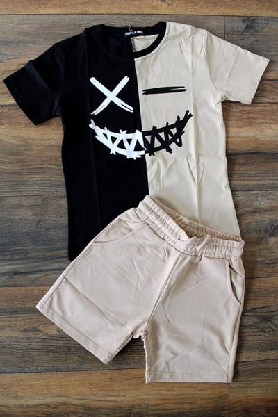 S&C Shirtje Smiley beige zwart Kids & Kind Jongens Beige, Zwart - Maat: 98/104
