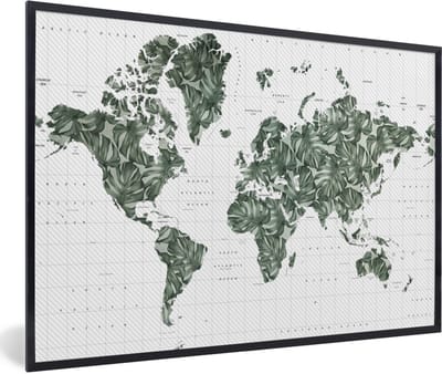 Poster in lijst - Fotolijst 90x60 cm - Posters - Wereldkaart - Bladeren - Tropisch - Posterlijst zwart - Decoratie - Wanddecoratie woonkamer - Muurdecoratie slaapkamer