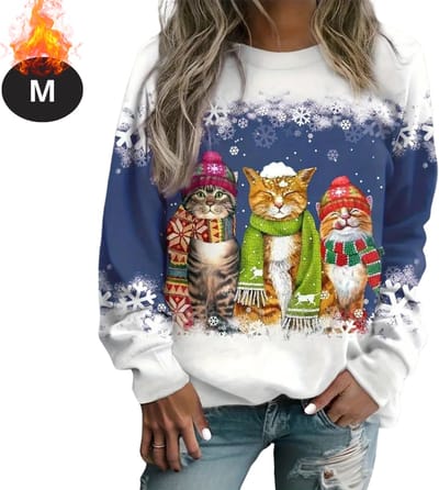 Bovista Kersttrui - Dames - Foute Kersttrui - Christmas Sweater - Kattenprint - Kerst Sweater - Christmas Jumper - Pyjama - Blauw - M