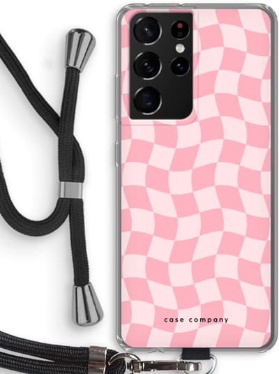 Case Company® - Hoesje met koord geschikt voor Samsung Galaxy S21 Ultra hoesje met Koord - Grid Roos - Telefoonhoesje met Zwart Koord - Bescherming aan alle Kanten en Over de Schermrand