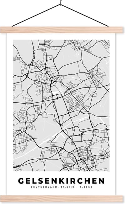 Posterhanger incl. Poster 40x60 cm - Schoolplaat - Kaart - Stadskaart - Duitsland - Gelsenkirchen - Plattegrond - Textielposter - Blanke latten - Stadskaart