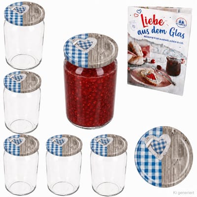 6-delige set ronde glazen 720 ml To 82 houten hart blauw deksel incl. Diamant Gelierzauber receptenboekje