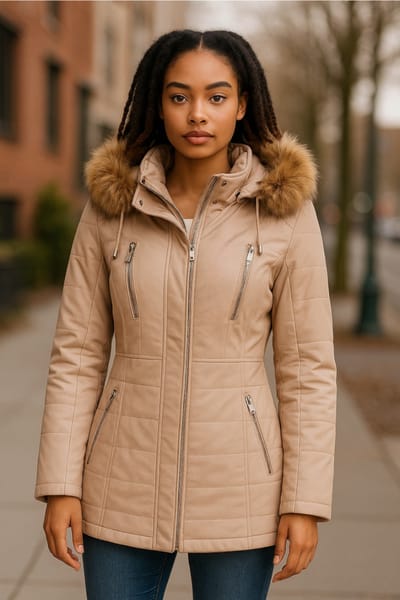 Beige gewatteerde leren parka voor dames - Winton