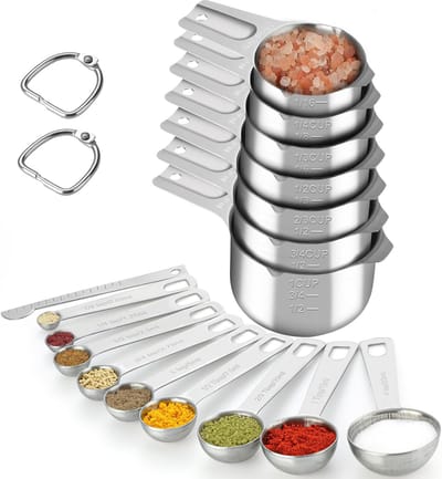 Famanu - Maatbekers en lepels set 17-delig RVS, 7 nestbekers 9 lepels plus niveller, met ringverbinding, voor koken en bakken