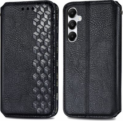 Luxe PU Lederen Ruitpatroon Wallet Case + PMMA Screenprotector voor Galaxy A55 5G _ Zwart