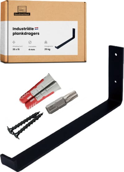 GoudmetHout® Industriële Plankdragers L-vorm UP - 35 cm - Stalen Plankdrager voor Wandschap, Muurrek of Wandconsole - Max 25 kg - 1 stuk - Mat Zwart