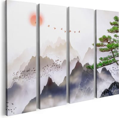 Artaza Canvas Schilderij Vierluik Bergenlandschap Met Een Boom - Abstract - 80x60 - Foto Op Canvas - Canvas Print