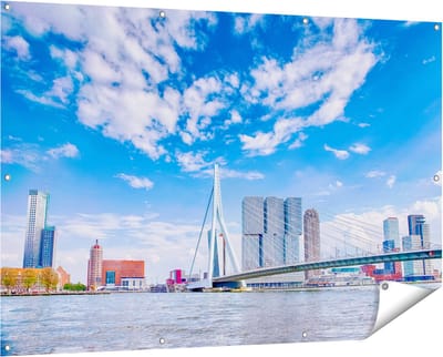 Gards Tuinposter Erasmusbrug aan het Water in Rotterdam - 150x100 cm - Tuindoek - Tuindecoratie - Wanddecoratie buiten - Tuinschilderij