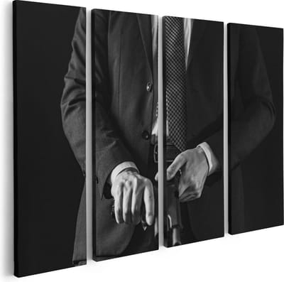 Artaza Canvas Schilderij Vierluik Man in Pak met een Pistool - Zwart Wit - 80x60 - Foto Op Canvas - Canvas Print