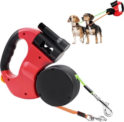 Dubbele Hondenriem met LED Licht, 360° Rotatie en Reflecterend Nylon, Verstelbaar voor Kleine en Grote Honden, Ideaal voor Wandelen met Twee Honden