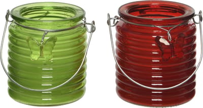 Citronella kaars - 2x - in windlicht - groen en rood - 20 branduren - citrusgeur