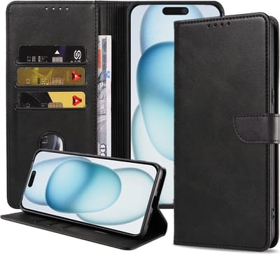 Geschikt voor iPhone 15 Plus Telefoonhoesje Kunstleer met Magnetisch lipje en Pasjeshouder Book Case met Klepje - Zwart - Smartphonica geschikt voor iPhone 15 Plus