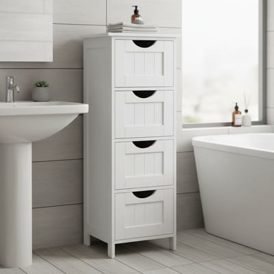 Parya Home - Smalle Ladekast - Met 4 Lades - Vrijstaand Badmeubel - Hout - Wit - 30 x 82 x 30 cm