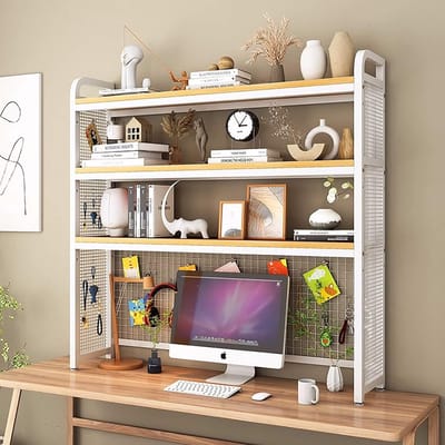 Bureaurek Houten Organizer - Werkplek Verhoger - Bureau Organiseren - 3 Niveaus - Ruim - Wit Zwart