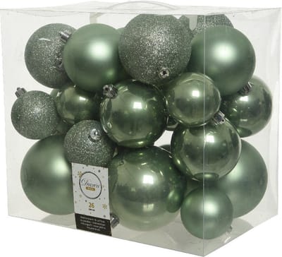 Decoris Kerstballen - 26x st - salie groen - 6-8-10 cm - kunststof - kerstversiering